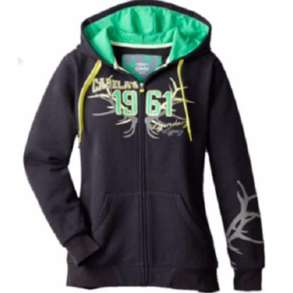 Cabela's Women's Hoodie Black Full-Zip Solid Varsity Black Green Jacket $49.99